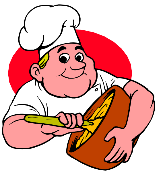 The illustration shows a cartoon chef holding an oversized pizza pie with both hands while standing behind it on what appears to be a countertop in front of him is another smaller image within this one showing his face, and he has blonde hair and mustache; above them are the words "PIZZA PARTY" written across.