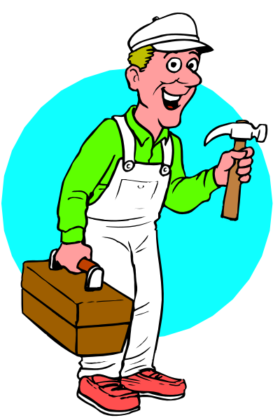 The illustration shows a cartoon man wearing overalls holding an open toolbox with tools inside while smiling at something off-frame to his right.