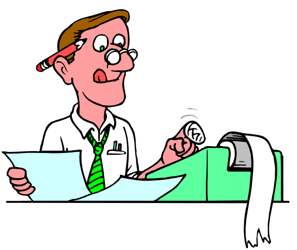 The cartoon shows a man sitting at an office desk with papers spread out before him; he is wearing glasses and appears to be in deep thought as his hands rest on top of some documents. To his right, another figure stands behind him holding what looks like a roll of paper or tape that has been partially unrolled from its spool onto the tabletop next to them both. The setting suggests an office environment with typical desk items and lighting fixtures in view.