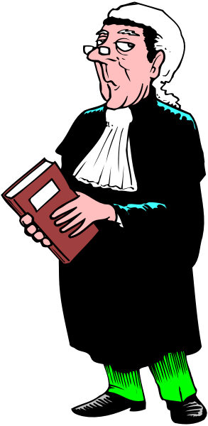 The cartoon shows a man dressed as a judge holding an open book with his left hand while standing against a black background; he is wearing glasses on top of his head.