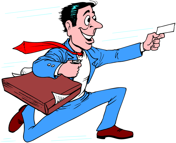The cartoon shows a man dressed as an FBI agent running with his arms outstretched while holding what appears to be a briefcase in one hand and pointing at something off-frame with the other. He is wearing sunglasses, has short hair, and seems surprised or alarmed by whatever he's looking at. The background suggests motion due to blurred lines indicating speed.