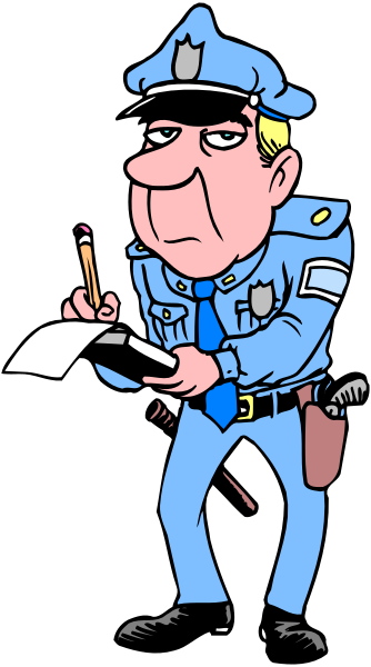 The cartoon depicts a police officer writing on paper with his hand while standing next to an open book.