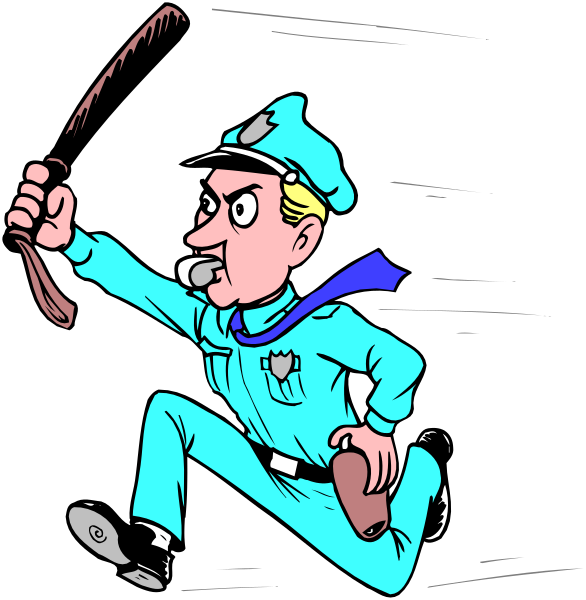 The cartoon shows a police officer running with his arms outstretched as if he's trying to catch someone who is escaping through an open window of what appears to be a building in distress.