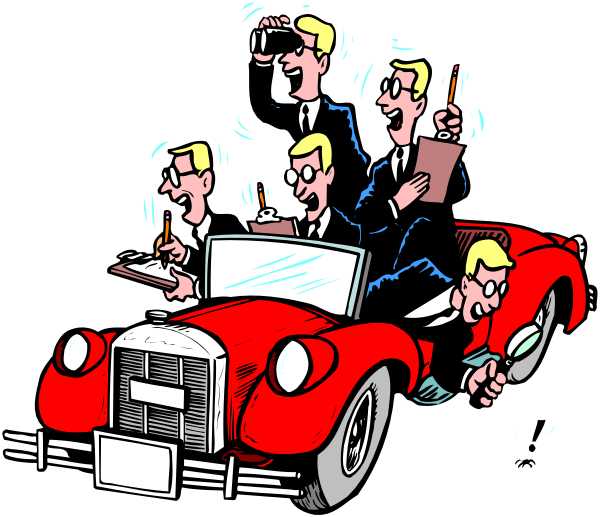 The cartoon shows a group of four men sitting inside an old red car with two visible wheels; all appear to be in suits and ties, one is holding what looks like papers while another has his hand on his chin as if deep in thought.
