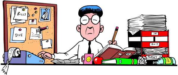 The image shows a cartoon of an office scene with two characters: on the left is a man sitting at his desk working; he has glasses, dark hair, wears a white shirt, tie, and jacket, surrounded by papers, books, files, pens, scissors, stapler. On the right stands another character who appears to be observing or waiting for something with hands clasped together in front of him. The office is well-organized but cluttered; there are shelves filled with binders and folders behind them.