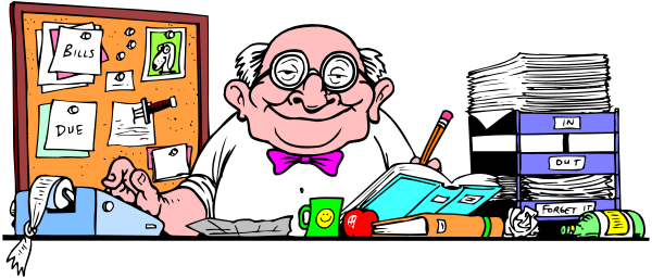 The cartoon shows a man sitting at his desk with papers scattered around him; he is wearing glasses and has books on top of them.