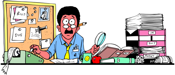 The cartoon shows a man standing at his desk with papers scattered around him; he appears surprised as if reacting to something unexpected happening in front of him.