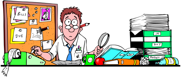 The cartoon shows a man standing at his desk with papers scattered around him; he is pointing to something on top of them while gesturing towards it as if explaining himself.