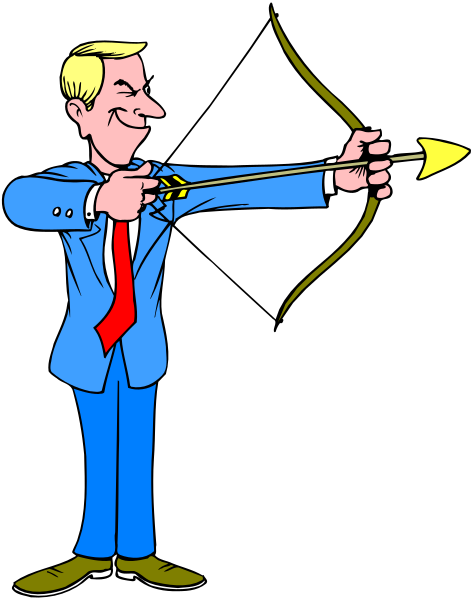 The cartoon shows a man dressed as an archer with his right hand holding up a paper arrow to shoot it from behind him using a bow in his left hand; he is wearing blue pants, red tie, and has short brown hair.