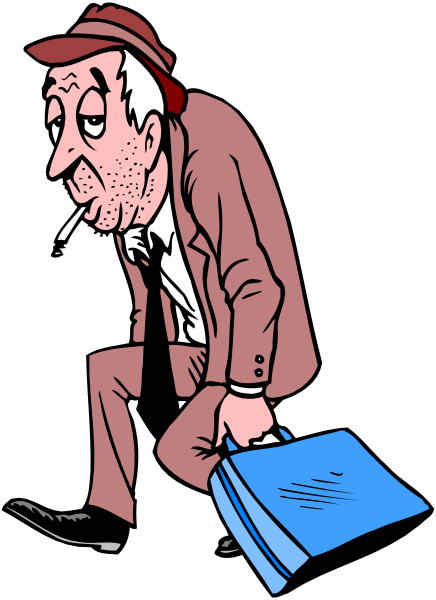The cartoon shows a man dressed as an older businessman with glasses leaning over to pick up papers from his briefcase while standing next to it on what appears to be a sidewalk at nighttime.