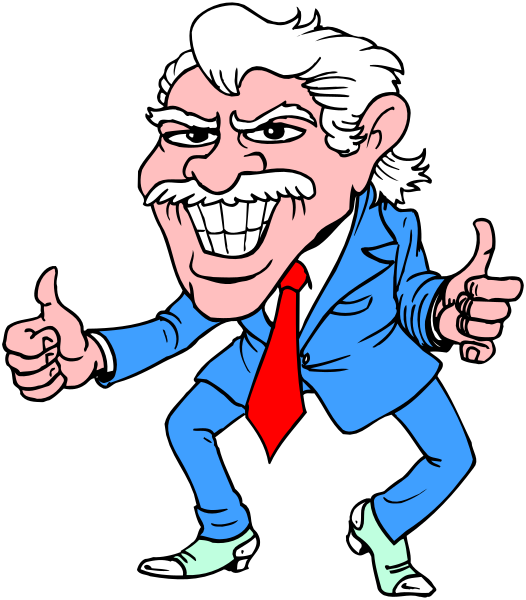 The cartoon shows a caricature of an older man with white hair wearing glasses, dressed as Abraham Lincoln, giving two thumbs up while standing in front of what appears to be a black background.