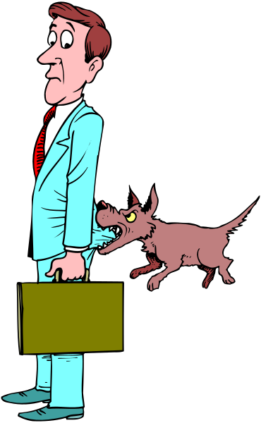 The cartoon shows a man standing upright on his hind legs with an exaggeratedly large dog beside him; he is wearing business attire including a suit jacket over a shirt, tie, pants, shoes, and carrying a briefcase in one hand while holding onto another animal's collar or leash.