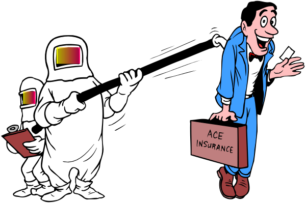 The cartoon shows three characters: a man with an astronaut suit pointing to something offscreen; another character holding up their hands in surprise while standing next to what appears to be a briefcase labeled "Ace Insurance"; and finally, there's a robot-like figure carrying luggage.