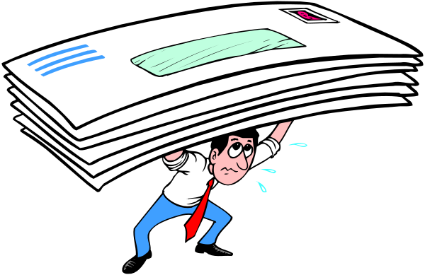 The cartoon shows a man carrying stacks of papers on his shoulders while looking down at them with an expression that suggests he is overwhelmed by their number; there's no text in this image.