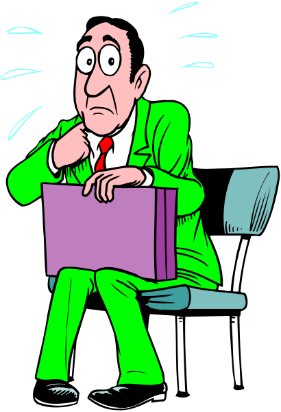 The cartoon shows a man sitting on an office chair with his hands clasped together over a desk; he is wearing glasses and has short hair. He appears to be in deep thought as indicated by the speech bubble above him that contains question marks, suggesting confusion or uncertainty about something.