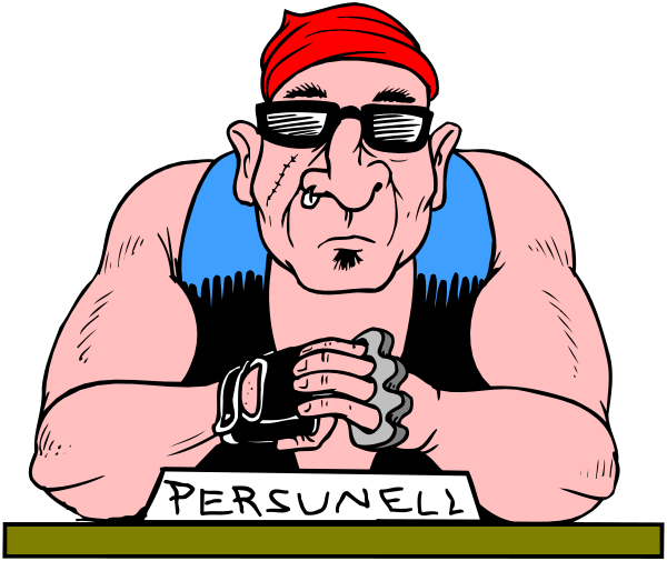 The cartoon shows a man with sunglasses sitting at a desk labeled "PERSUNEL." He is wearing an orange bandana on his head and has tattoos visible in both arms. His hands rest together, clasped as if he's deep in thought or concentration.