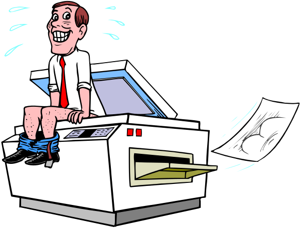 The cartoon shows a man sitting on an office chair with his pants down while looking at papers that have been shredded by what appears to be a paper-shredding machine next to him; he is in front of a desk, and there's another person standing behind the scene who seems surprised or shocked.