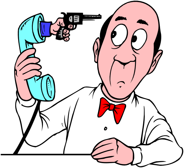 The cartoon shows a man holding an old rotary phone to his ear with wide eyes expressing surprise or shock while standing in front of him is another character who appears surprised as well.