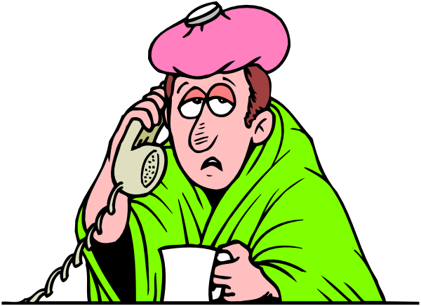 The cartoon shows a man sitting at his desk with an ice pack on his head while talking on a phone; he is wrapped in a blanket due to being cold from having been outside without proper clothing during winter weather, and there's snow visible through the window behind him.