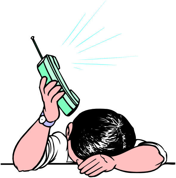 The illustration shows a person holding up an old flip phone with their hand over it as if shouting into it while standing in front of a dark background.
