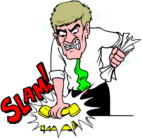 The cartoon shows a man with an exaggerated expression of shock holding his hand to his mouth as if he's been slapped in surprise by another figure who is depicted throwing something at him that says "SLAM!"