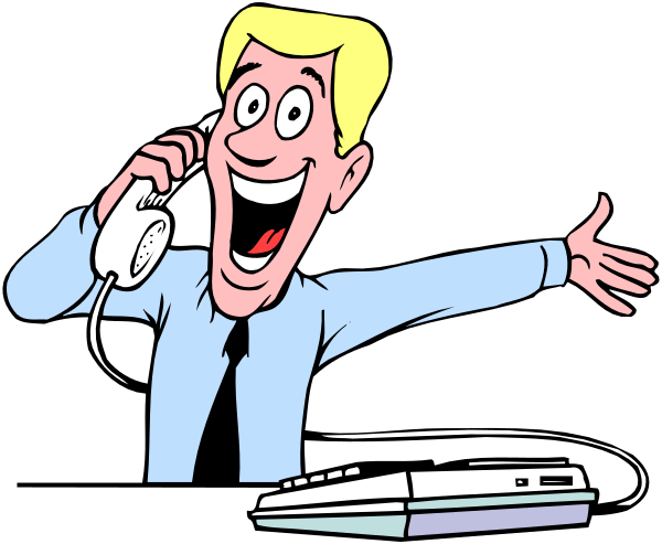 The cartoon shows a man with exaggerated facial features holding up his hand as if waving while standing behind an airplane control panel in what appears to be an airport tower; he is wearing headphones around his neck and talking on one of two phones, which seem to have antennas extending from them.