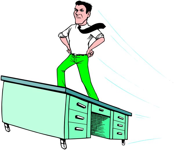 The cartoon shows a man standing on top of an open refrigerator with his arms outstretched as if he's flying through space.
