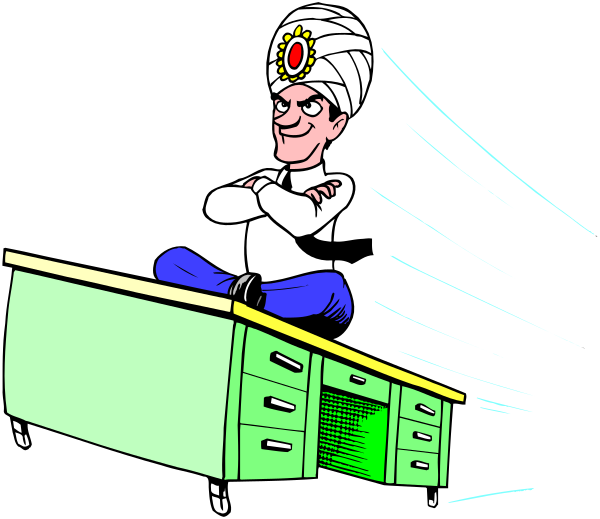 The cartoon shows a man sitting on top of an open suitcase with wheels attached to it, as if he is riding through space; there's no background detail provided in this clip-art image.
