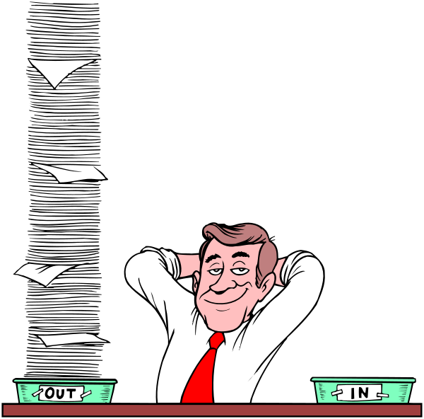 The cartoon depicts a man sitting at his desk with papers scattered around him; he is leaning back on his chair in an office environment.