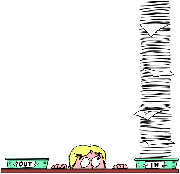 The cartoon shows a person sitting at an office desk with papers flying around them; there is also text that reads "OUT" in two places on paper planes above their head.