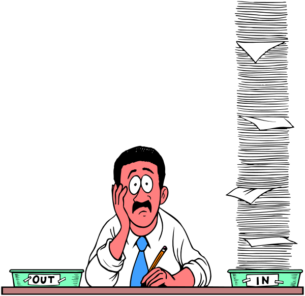 The cartoon shows a man sitting at his desk with papers flying around him; he's wearing glasses and has an expression of surprise on his face as if overwhelmed by workload.
