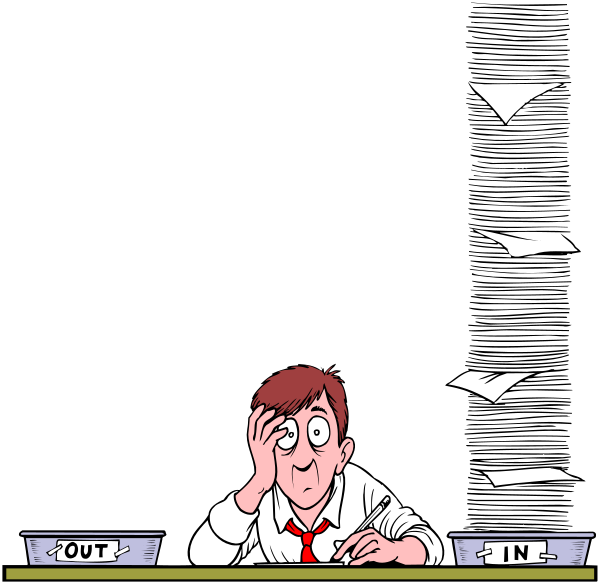 The cartoon shows a man sitting at his desk with papers scattered around him; he looks surprised as if something unexpected has happened while working on an important task in what appears to be an office environment.