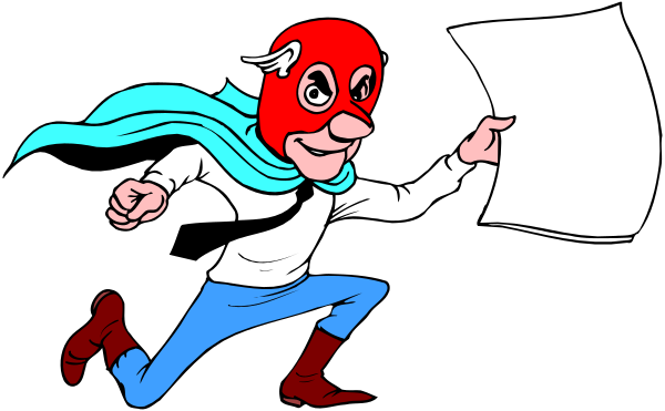 The cartoon shows a man dressed as Superman running with his cape flowing behind him while holding an open booklet in one hand; he is pointing to something off-screen with the other.