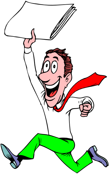 The cartoon shows a man running with papers flying out of his hands while holding up another paper that says "news" on it; he is wearing green pants and has red hair.
