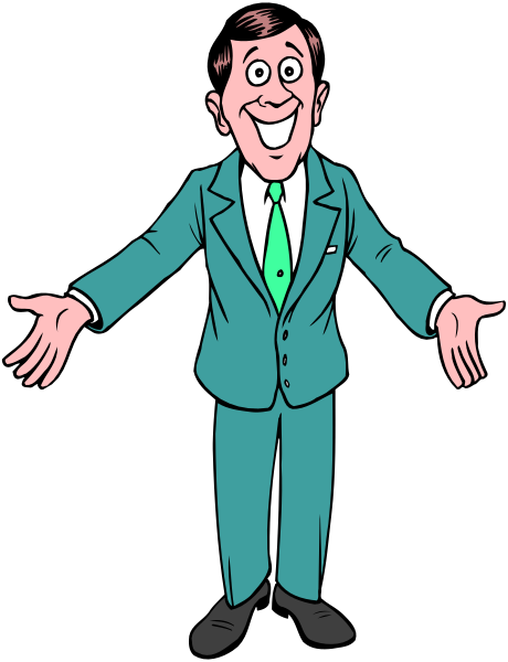 The cartoon shows a man dressed as an executive standing with his arms outstretched against a black background.