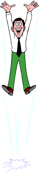 The image shows a cartoon of two characters: an adult male with his arms raised high above him as if celebrating or cheering on someone else who is standing in front of him at waist level; both figures appear to be floating, and there's no visible ground beneath them against the backdrop of what looks like space.