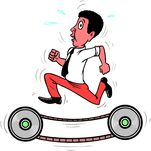 The cartoon shows a man running away from an object that looks like a record player with eyes on it; he is looking back in surprise as if something has caught his attention while fleeing.