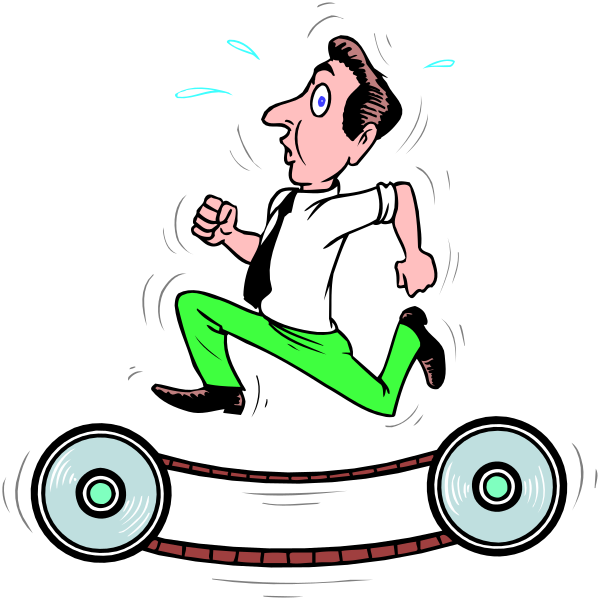 The cartoon depicts a man running with his arms outstretched as if he's falling off an object that looks like a record player; there is no text in this image.