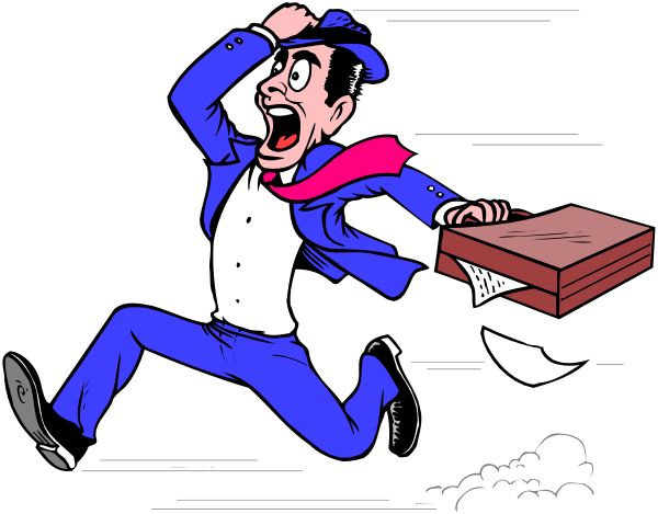 The cartoon depicts a man dressed as Batman running with an open book flying behind him through mid-air against a dark background.