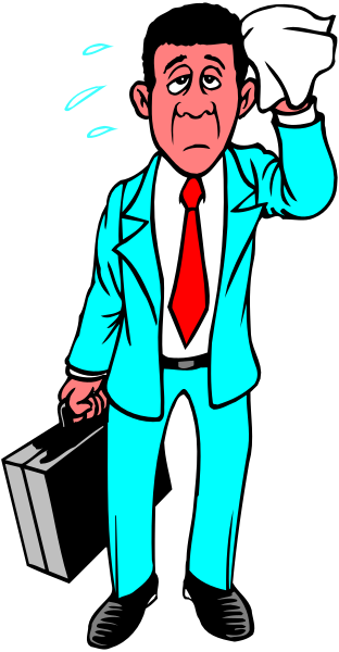 The cartoon shows a man dressed as an executive with his head tilted back while holding onto it; he is wearing a suit jacket over one shoulder and has papers in hand. He appears to be standing against a dark background, possibly on stage due to the presence of spotlights around him.