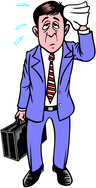 The cartoon shows a man dressed as an executive with his head tilted back while holding up two fingers to signal "number 2." He is wearing a suit jacket over a striped shirt and tie, has dark hair, glasses on top of his head, and appears surprised or shocked by something. His expression suggests he's in the middle of speaking at an event with microphones visible behind him. The background features black lines that suggest depth but no specific details are provided about it.
