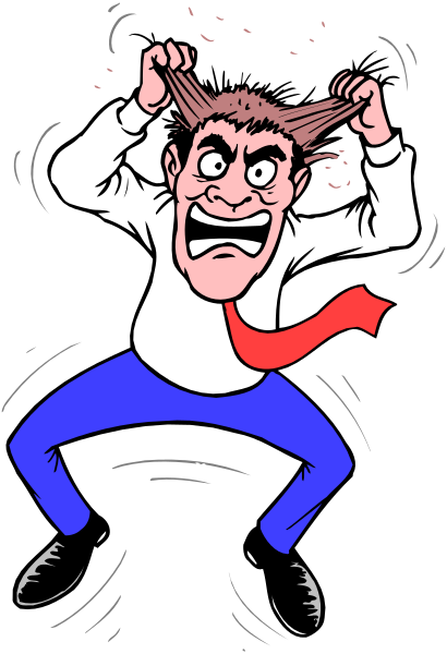 The cartoon shows a man with his hands on top of each other over his head as if he's holding them together in frustration; there is no text present within this image.