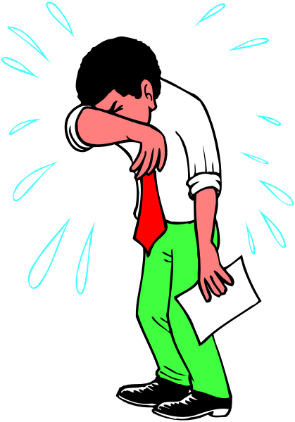 The cartoon shows a man with his head tilted back as if he's about to vomit into an open book that is in front of him on what appears to be a desk; there are drops around his face, suggesting motion and possibly disgust or frustration.