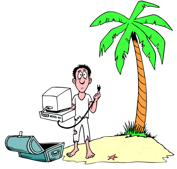 The illustration shows a man standing on sandy ground next to an open laptop computer with trash around it; he is gesturing towards something off-frame while looking surprised.