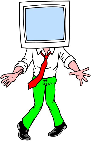 The cartoon shows a man with an exaggeratedly large head wearing glasses walking on his hands while holding onto something that looks like a computer monitor for balance; he is dressed in casual attire including green pants, and there's no background detail provided.