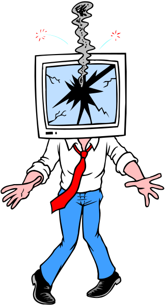 The cartoon shows a man with an exaggeratedly large head wearing glasses who is walking away from what appears to be his television set that has been shattered by something off-screen; he's dressed in blue jeans and red tie, holding out one hand as if gesturing or pleading.