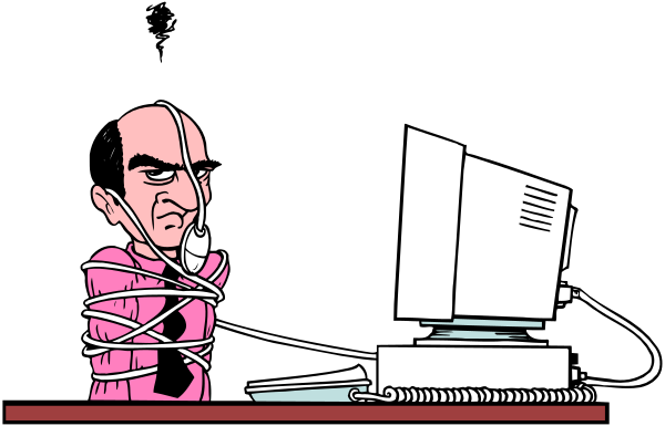 The cartoon shows a man with his hands tied behind him sitting at an office desk using a computer mouse while talking on a phone; he is wearing glasses and has dark hair.