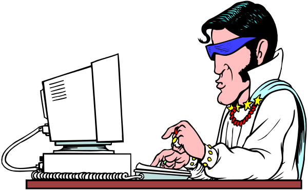 The black and white illustration shows a person sitting at a desk with their hands on top of an open laptop computer keyboard; there is no text present in this image.