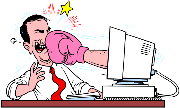 The cartoon shows a man sitting at his desk with an exaggeratedly large fist punching him on the face while he is looking surprised; there's also text that says "Ouch!"