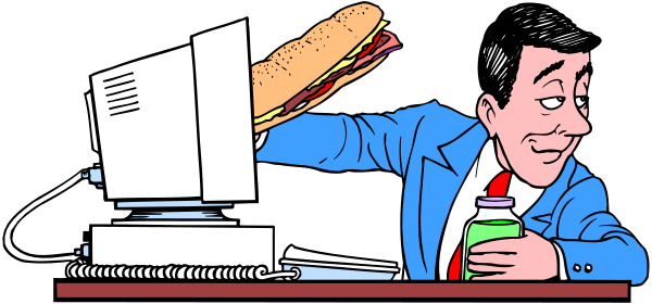 The cartoon shows a man sitting at his desk with papers scattered around him; he is holding up an oversized sandwich that looks like it's floating in front of him due to its size compared to everything else, and there appears to be some sort of computer or monitor on top of the table.